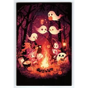 Vintage Halloween Postcard Cute Ghosts Campfire Scene 5.5x4 Chrome